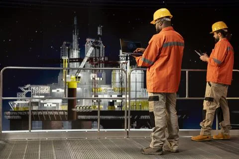 Programmer on offshore platform deck using machine learning to optimize drilling Stock-Fotos