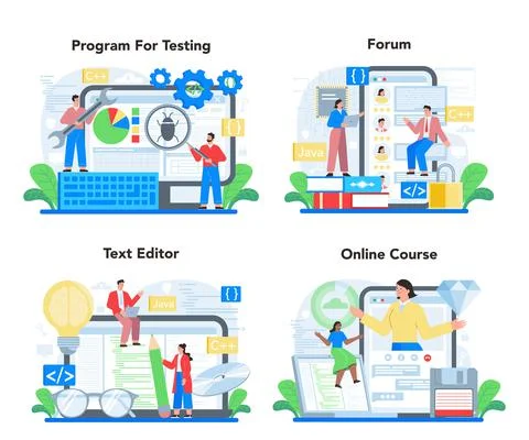 Programmer online service or platform set. Coding, testing and writing program. Stock Illustration