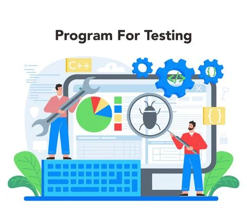 Programmer online service or platform. Coding, testing and writing program. Stock Illustration