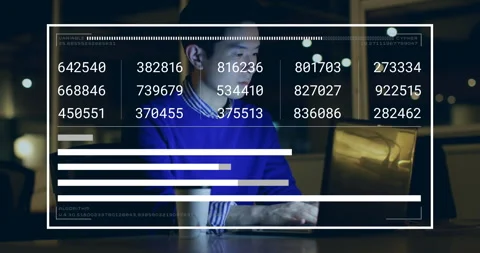 Programmer opening laptop initiating algorithm with data bars filling and Stock Footage 312083450