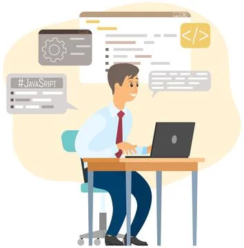 Programmer or coder looking at computer display and program window with code Stock Illustration