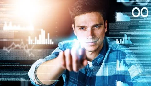 Programmer or engineer working with CGI graphic of data, graphs and charts Foto stock