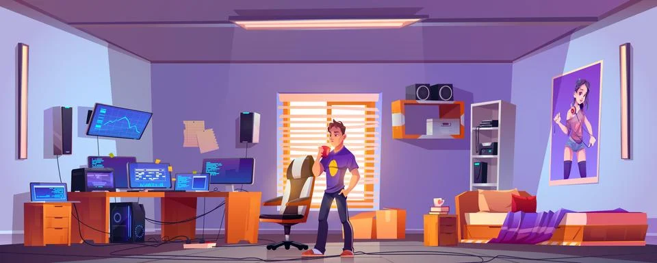 Programmer or hacker in bedroom with computer Stock-Illustration