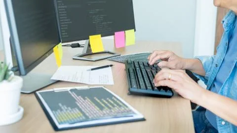 Programmer Outsource Developer coding technologies Website design. Mobile App Stock Photos