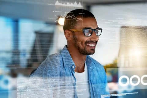 Programmer, overlay and happy man on computer for programming, website Foto stock