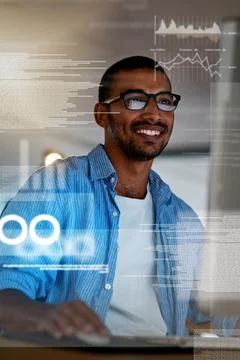 Programmer, overlay and happy man on computer for cybersecurity, website Foto stock