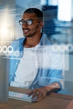 Programmer, overlay and happy man on computer for coding, website development Foto stock