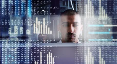 Programmer, overlay and man with internet, thinking and connection for web .. Foto stock