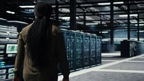 Programmer overseeing server farm, ensuring compliance with industry standards Stock-Footage 317204556