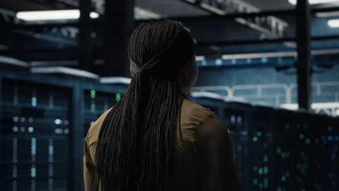 Programmer overseeing server farm, ensuring compliance with industry standards Stock-Footage 317204606