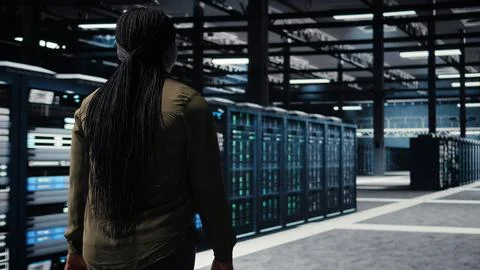 Programmer overseeing server farm, ensuring compliance with industry standards Stock-Fotos