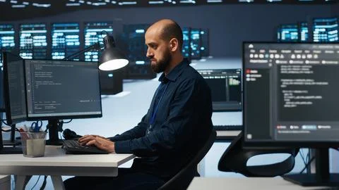 Programmer overseeing supercomputers tasked with solving data operations 스톡 사진