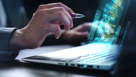 A programmer parses the code on a virtual panel. Video stock 260292821