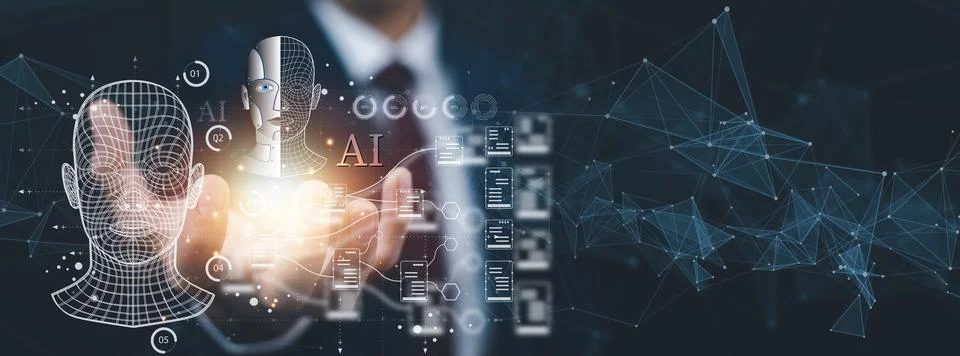 Programmer people working and touch virtual screen AI, artificial intelligenc 写真素材
