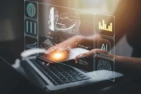 Programmer people working laptops or smartphones with AI, artificial intellig 写真素材