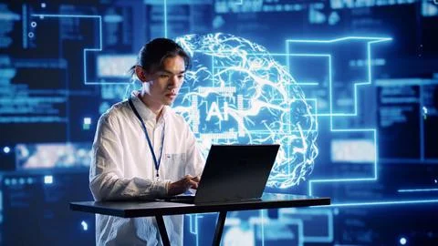 Programmer performs AI simulations 写真素材