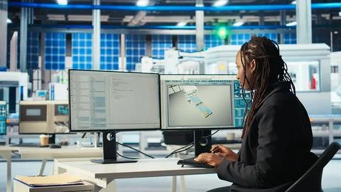 Programmer in photovoltaics factory using PC program to diagnose systems 写真素材