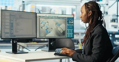 Programmer in photovoltaics factory using PC program to diagnose systems 写真素材