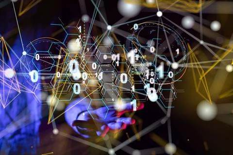 Programmer presenting a 3D rendered binary hologram cyberspace 스톡 사진