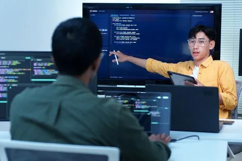 Programmer Presenting Code to a Developer Stockfoto's