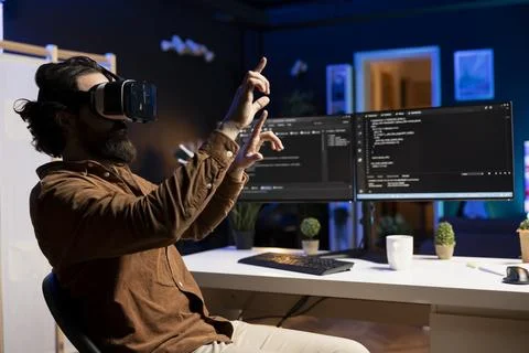 Programmer preventing PC cyber attacks using virtual reality technology Stock Photos