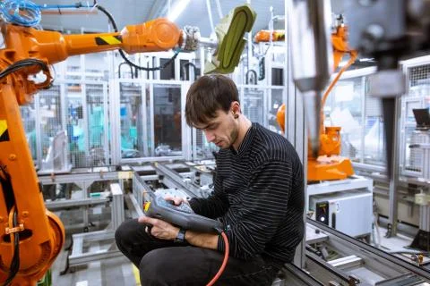 Programmer programming automatic robot arms in automotive smart factory 库存照片