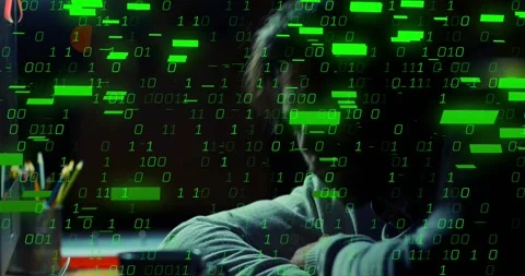 Programmer propping head on hand under lamp as binary digits drifting across Stock Footage 317741182