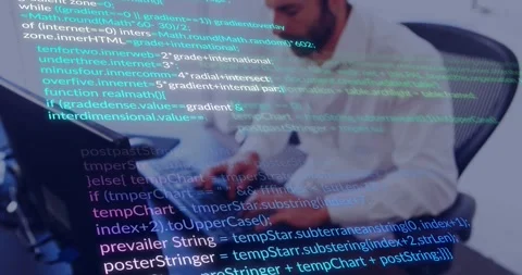Programmer reaching for laptop and typing, initiating code scrolling across desk Stock-Footage 331169424