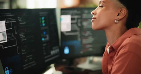 Programmer, reading and woman with computer screen in office for web Stock Footage 330048584