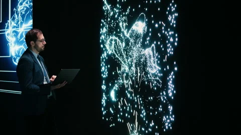 Programmer reconfiguring AI node connections using augmented reality Stock Footage 329531272