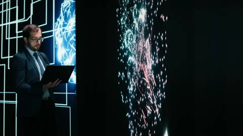 Programmer reconfiguring AI node connections using augmented reality Video stock 329716350