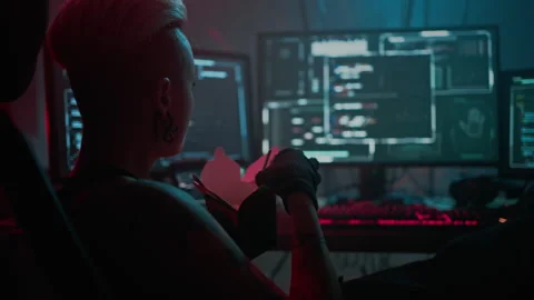 Programmer relishes noodles checking operation of program Stock Footage 257809211