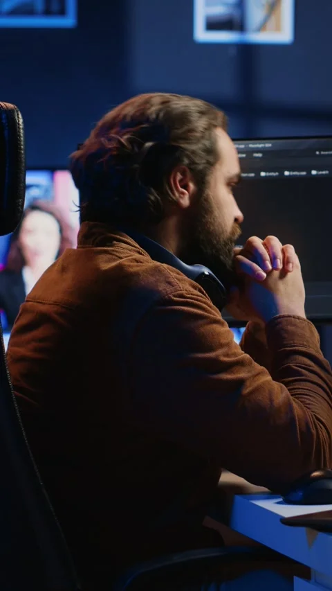 Programmer removing headphones to better concentrate on difficult IT task Stock Footage 264512887