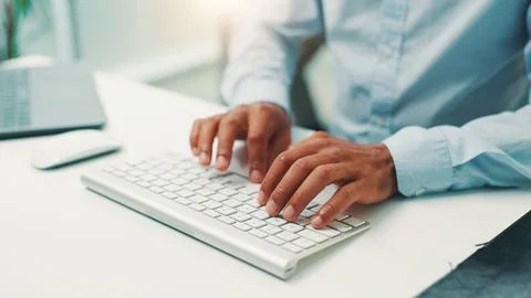 Programmer, research or hands of person with keyboard for writing code, app Stock Photos