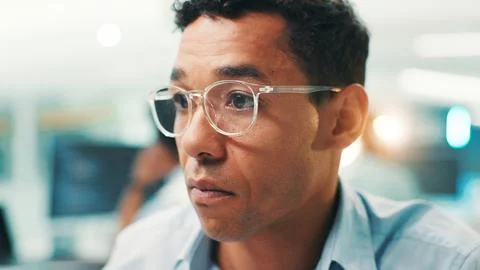 Programmer, research or man with glasses for reading code, app development and Stock Photos