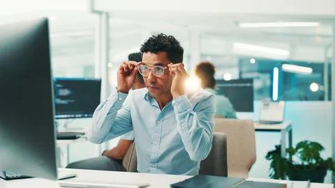 Programmer, research or man with glasses in office for reading code, app Stock Photos
