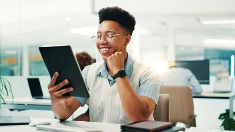 Programmer, research or man with smile or tablet for reading code, app 库存照片