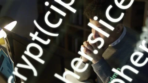 Programmer rubbing face, reacting to decrypt(cipher overlay flowing across 스톡 동영상 332522458