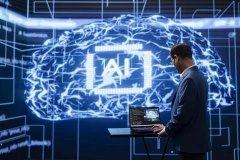 Programmer running AI cognitive computing tech on laptop Stock Photos