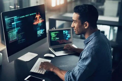 Programmer, screen and man typing, coding and internet connection with digital Stock Photos