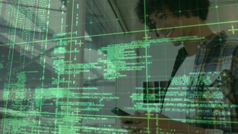 Programmer scrolling smartphone and causing code overlay on glass panel updating Video stock 319853224