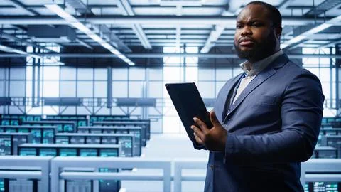 Programmer in server room location using tablet to patch network issues Stock Photos