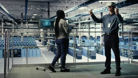 Programmer in server room wearing VR headset optimizing deep learning systems Stock-Footage 314684782