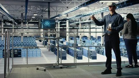 Programmer in server room wearing VR headset optimizing deep learning systems Stock Photos