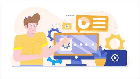 A programmer showcases software features on a computer surrounded by gears Stock Footage 281714343