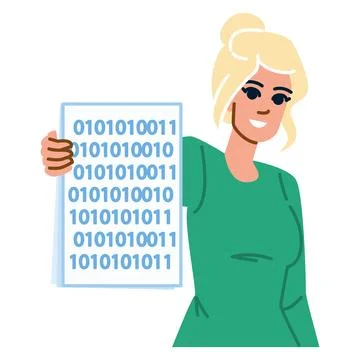 Programmer showing binary code on paper smiling at work Stock Illustration