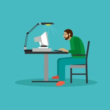 Programmer sit on a chair and working with computer. Coding process concept Stock Illustration