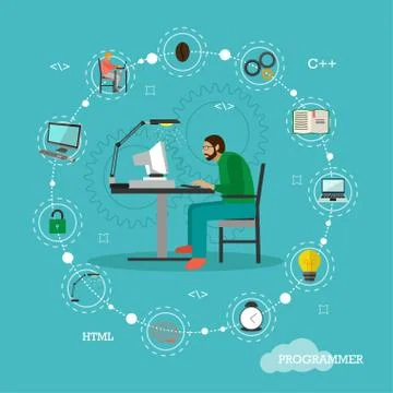 Programmer sit on a chair and working with computer. Coding process concept Stock Illustration
