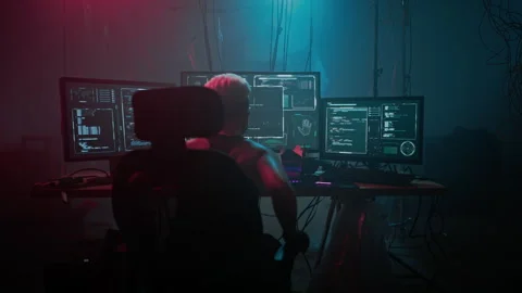 Programmer sits at desktop with monitors showing coding Stock Footage 257810133