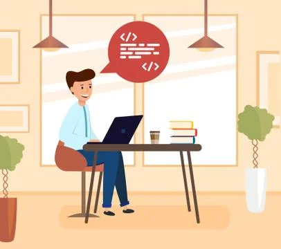 Programmer sitting in cafe or office with laptop and working. Stock Illustration